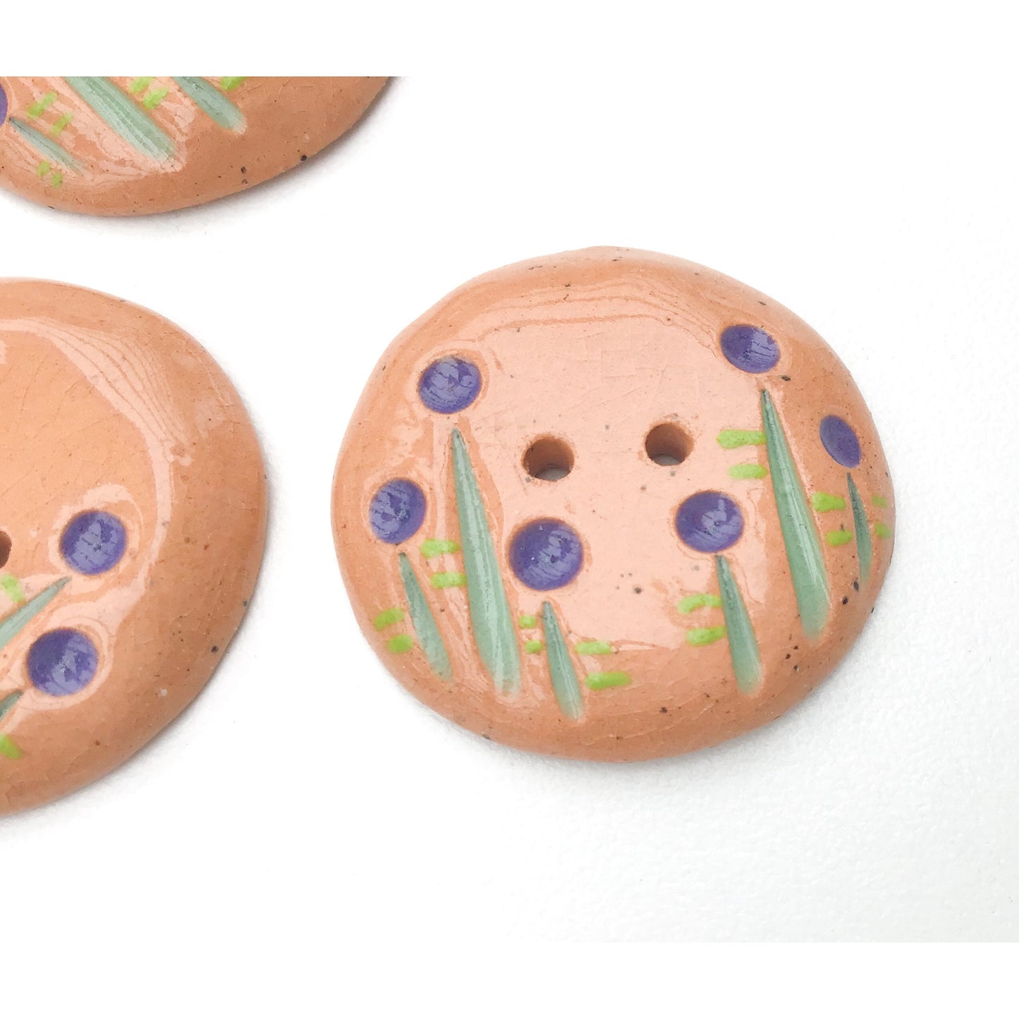 Purple and Green Ceramic Flower Button - Clay Flower Button - 1 1/16"