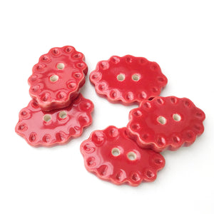 Scalloped Red Ceramic Buttons - Oval Clay Buttons - 3/4" x 1 1/16" - 5 Pack