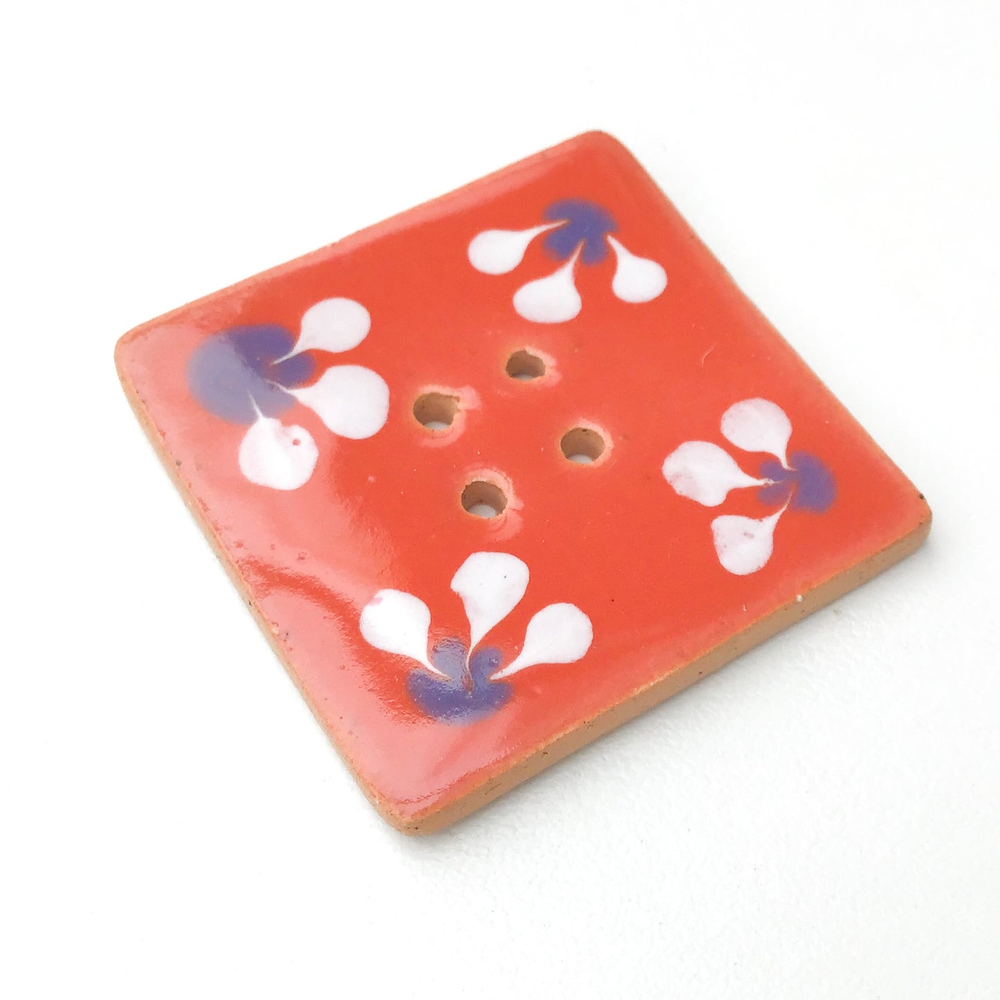 Large Square Decorative Button - Pinkish-Orange - Periwinkle - White - Art Button - 1 7/16"