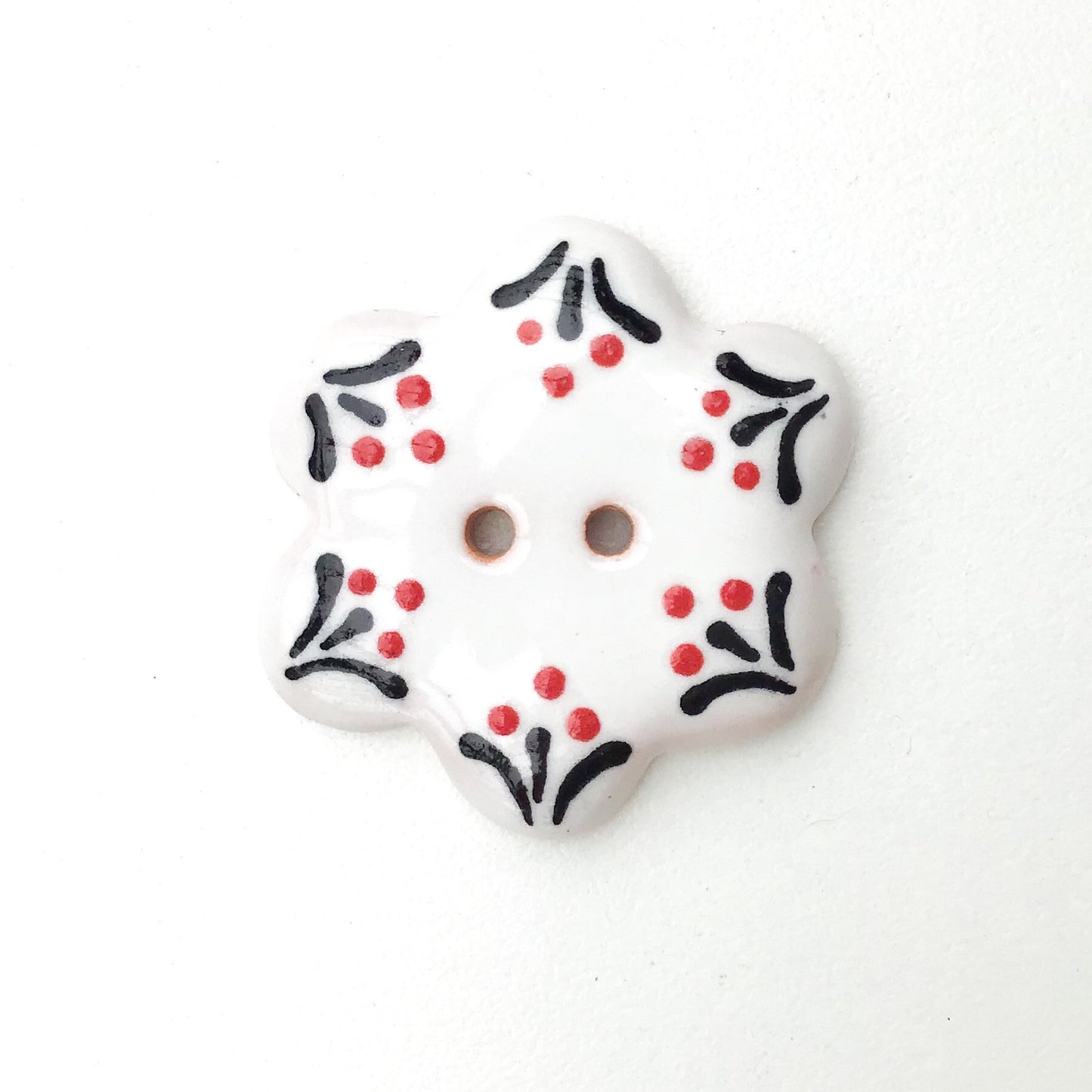 White Flower Button with Delicate Glaze Detail - White - Red - Black Ceramic Button - 1 1/4"
