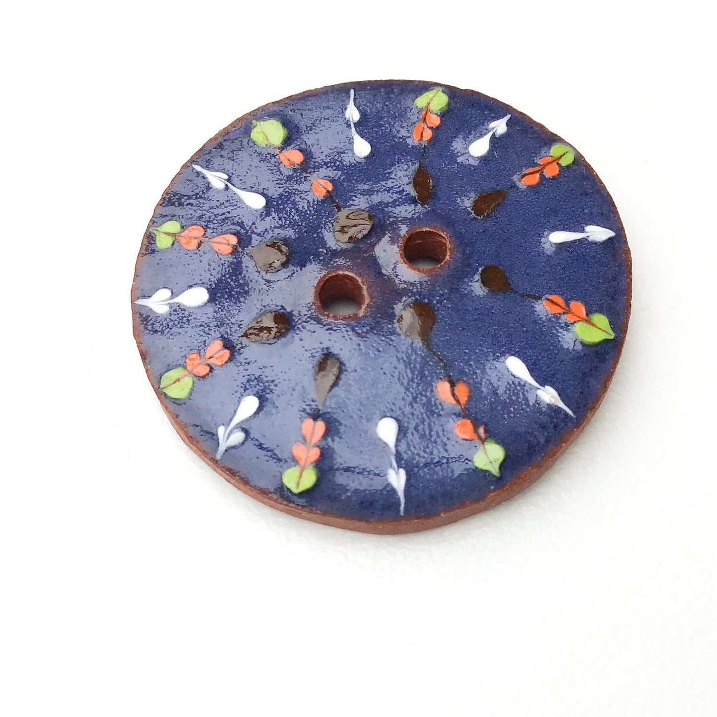 Decorative Blue Ceramic Button - Orange - Green - White Clay Button - 1 1/16"