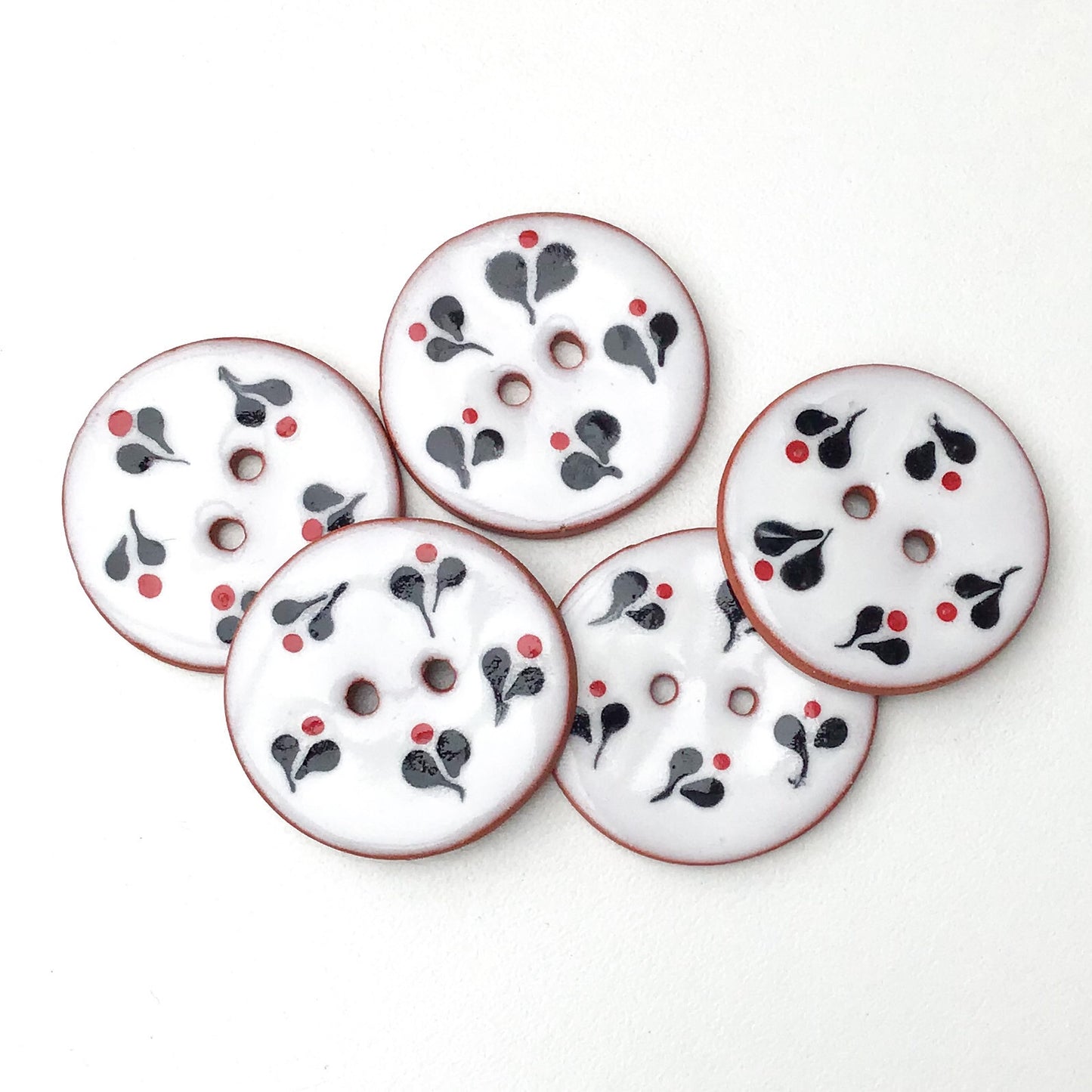 Decorative Ceramic Button with Small Floral Print - Red - Black - White Clay Buttons - 1 1/16" (ws-66)