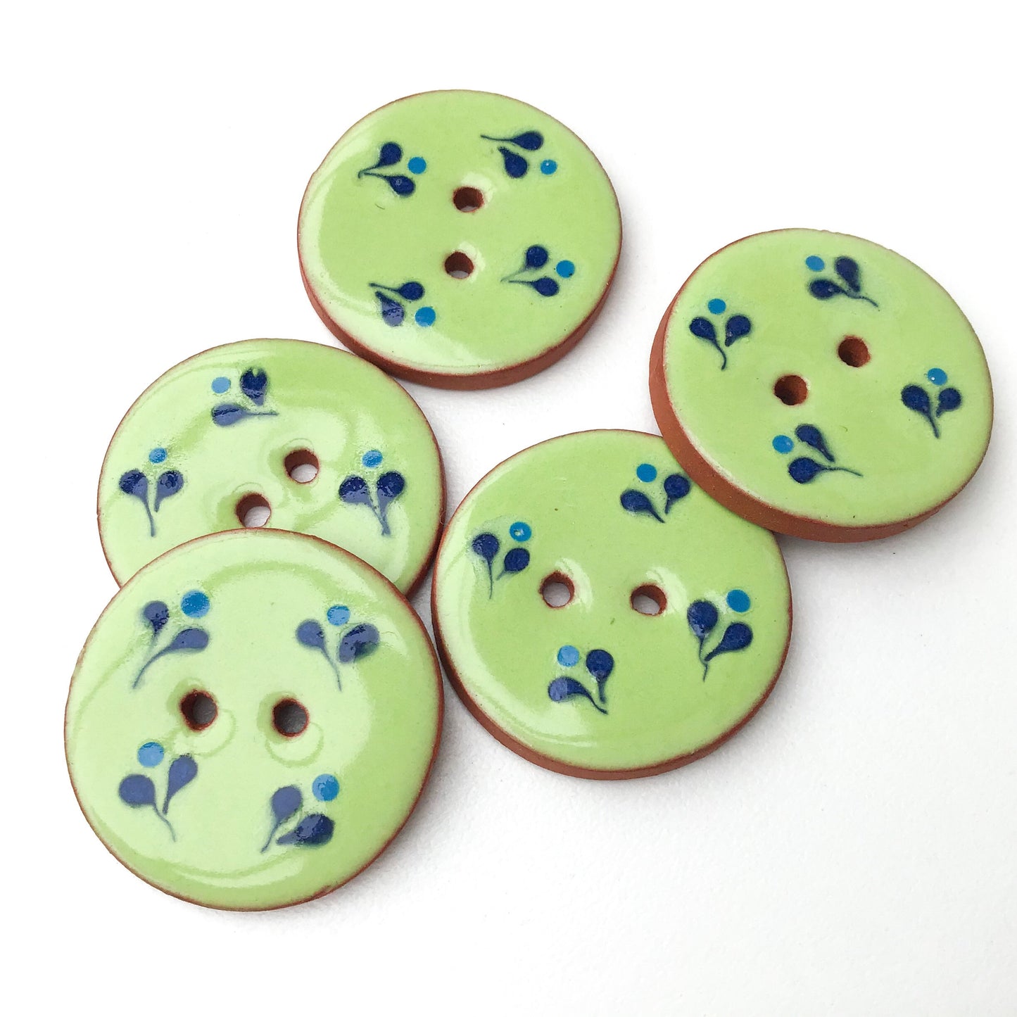 Decorative Ceramic Button with Small Floral Print - Green - Blue Clay Buttons - 1 1/16" (ws-65)