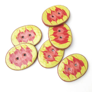 Decorative Ceramic Button with Flame Pattern - Yellow - Red - Coral Clay Buttons - 1" x 1 1/4"
