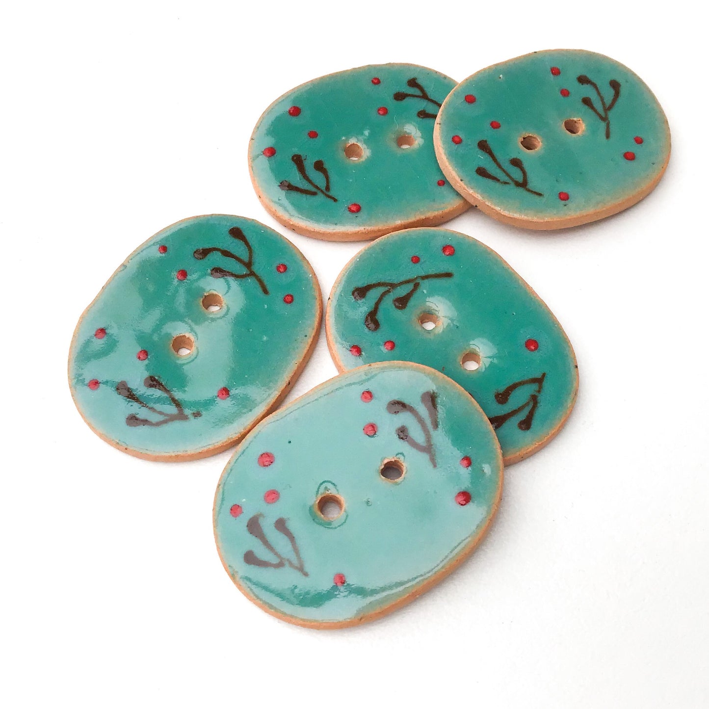 Decorative Ceramic Button with Floral Print  -Teal - Green-Blue Oval Clay Button - 1" x 1 1/4"
