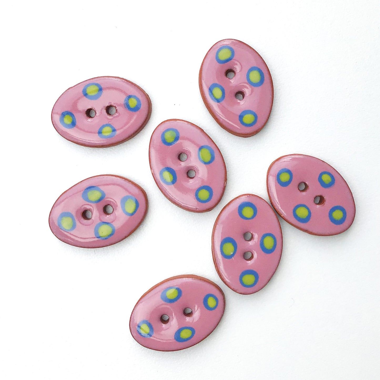 Oval Ceramic Buttons  - Hand Painted Clay Buttons with Dots - Pink - Chartreuse - Blue - 5/8" x 7/8" - 7 Pack