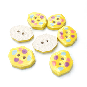 Geometric Colorful Dotted Buttons - Unique Clay Buttons - Bright Yellow with Pastel Dots - 5/8" x 7/8"- 7 Pack