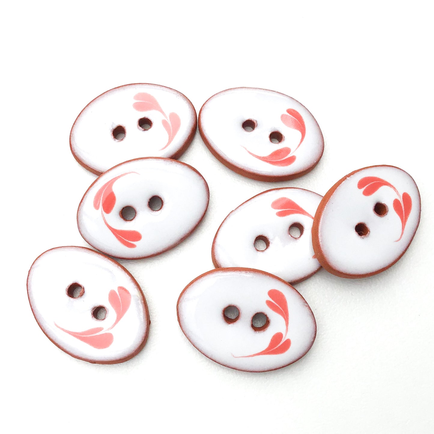 Oval Ceramic Buttons - Hand Painted Clay Buttons with Small Flower Detail - White + Pink - 5/8" x 7/8" - 7 Pack (ws-146)