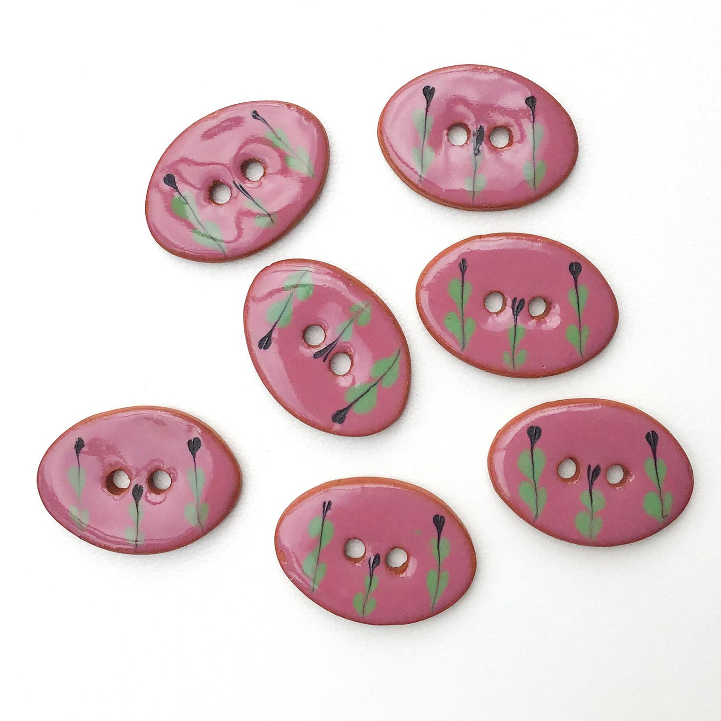 Oval Ceramic Buttons - Hand Painted Clay Buttons with Small Flower Detail - Mauve + Green - 5/8" x 7/8" - 7 Pack