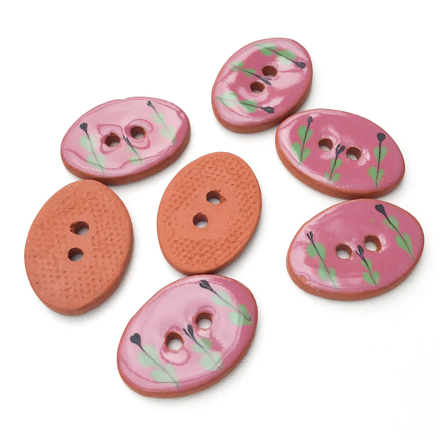 Oval Ceramic Buttons - Hand Painted Clay Buttons with Small Flower Detail - Mauve + Green - 5/8" x 7/8" - 7 Pack