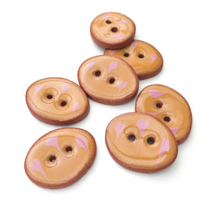 Decorative Oval Ceramic Buttons - Caramel Brown with Pink Flower Design - 5/8" x 7/8" - 7 Pack (ws-70)