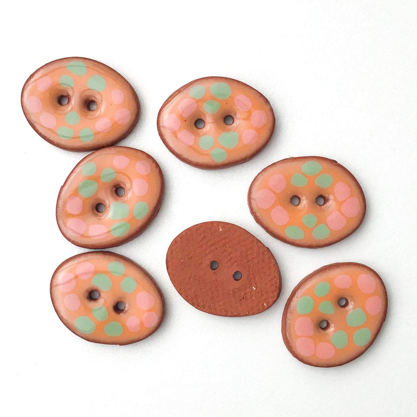 Decorative Oval Ceramic Buttons - Sorbet Orange with Salmon Pink + Mint Green Dot Pattern - 5/8" x 7/8" - 7 Pack