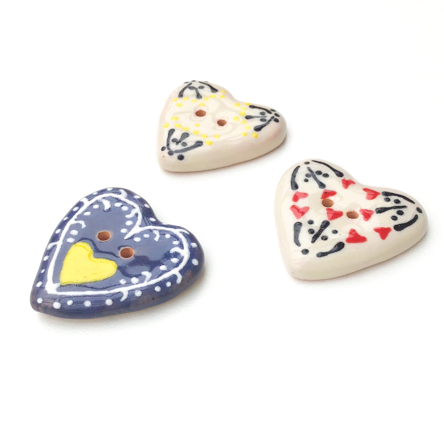 Decorative Ceramic Heart Buttons - Pottery Heart Buttons - 1 1/4"