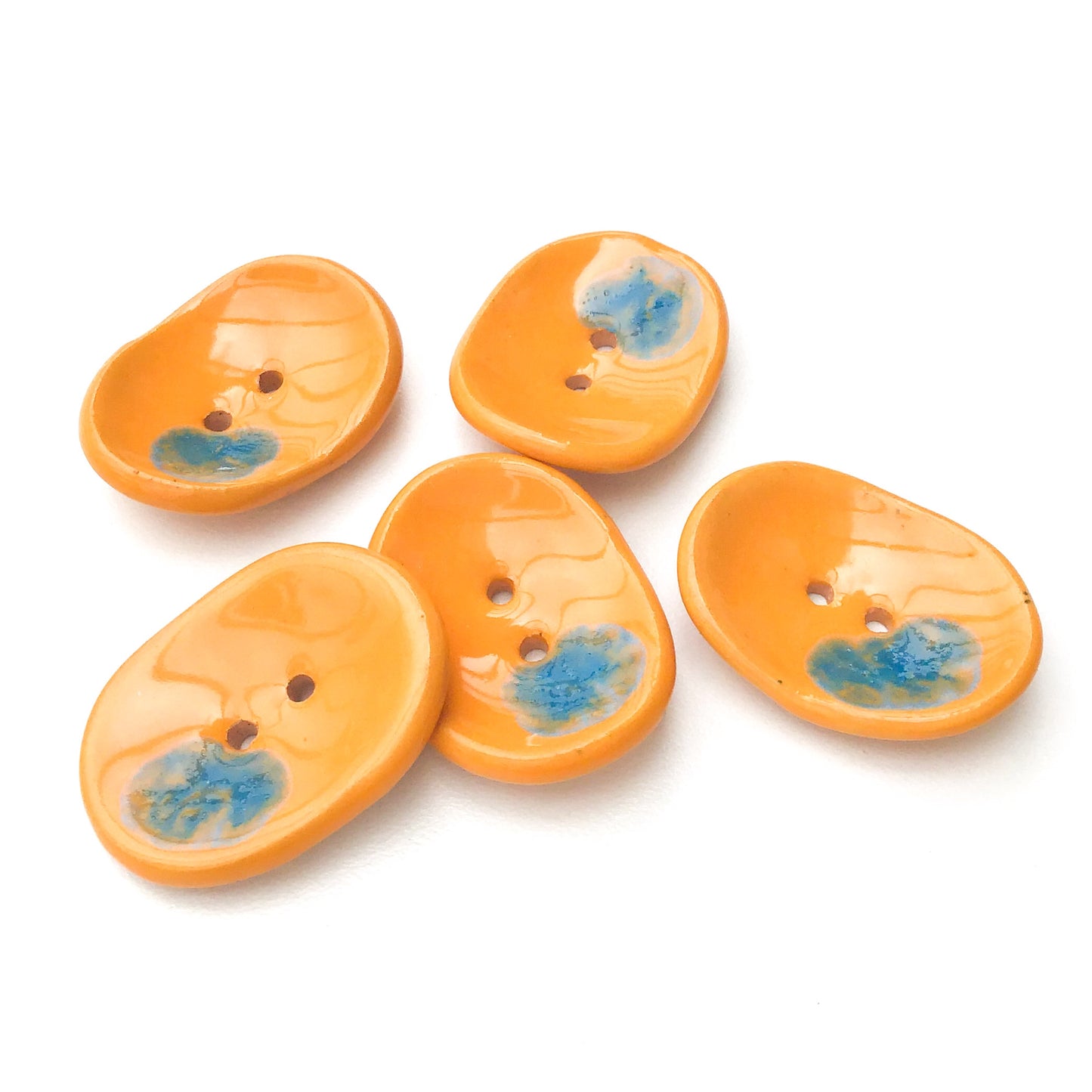Decorative Ceramic Button with Shimmery Color Drips - Orange - Blue - Oval Clay Button - 1" x 1 1/4"