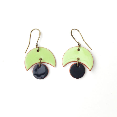 Small Crescent and Circle Earrings: Ceramic Earrings in Lime Green and Black