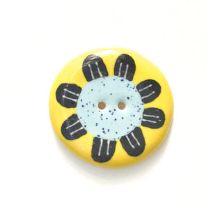 Playful Flower Button -Blue & Black on Yellow Background - 1 1/2"