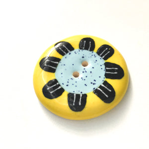 Playful Flower Button -Blue & Black on Yellow Background - 1 1/2"