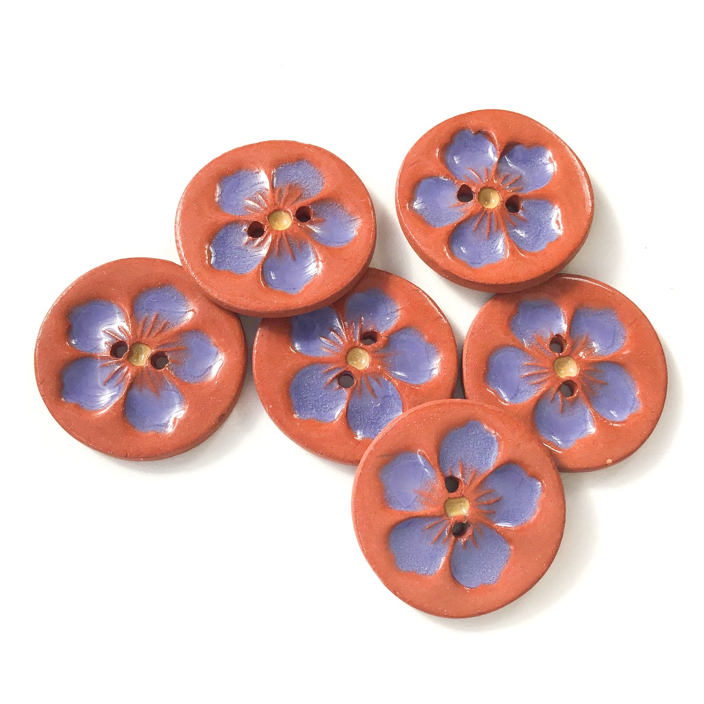 Hawaiian Petals Button - Blue-Purple Bloom on Red Clay - 1 1/16" (ws-99)