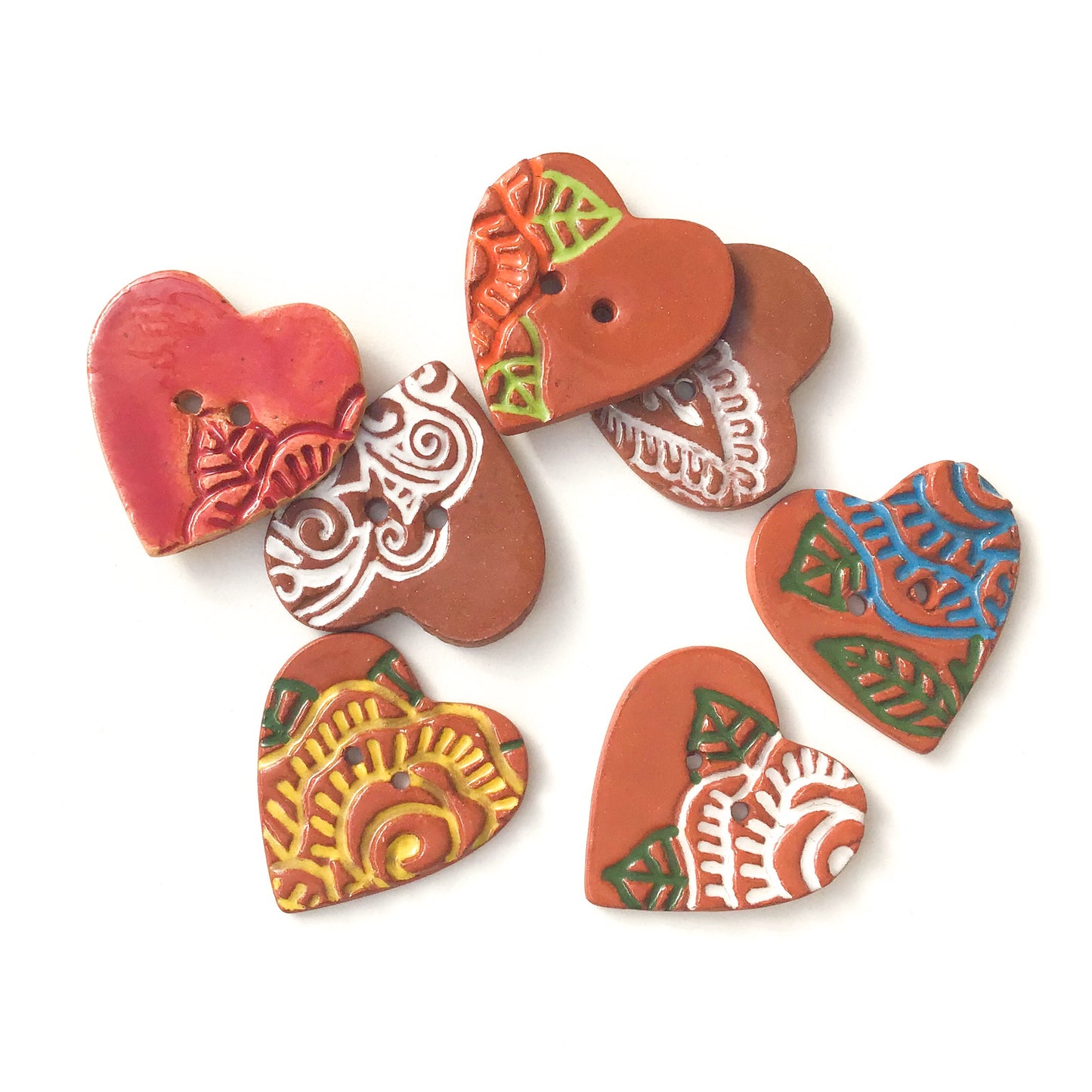 Large Stamped Heart Buttons - Painted Flowers Ceramic Heart Button - 1 3/8"