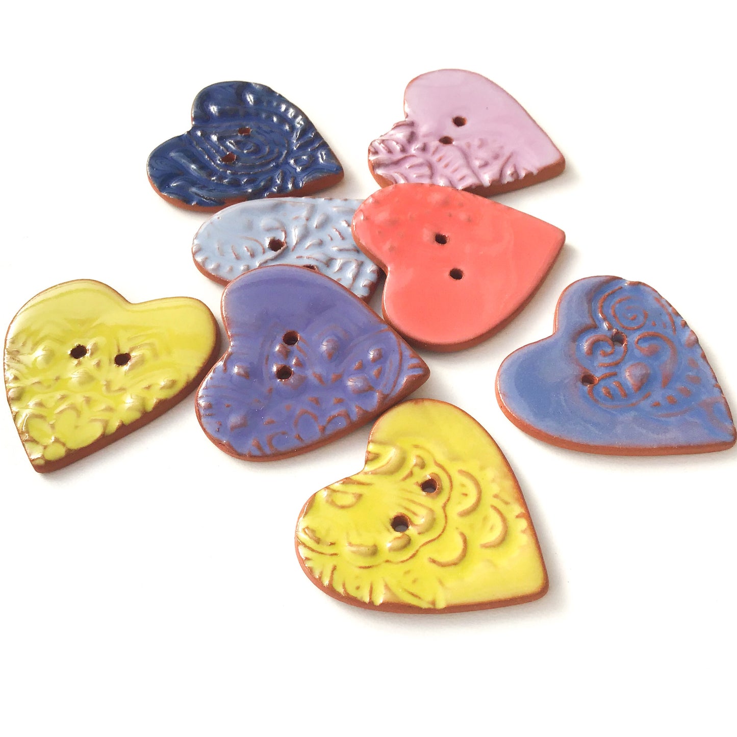 Large Stamped Heart Buttons - Soft Tones Ceramic Heart Buttons - 1 3/8"