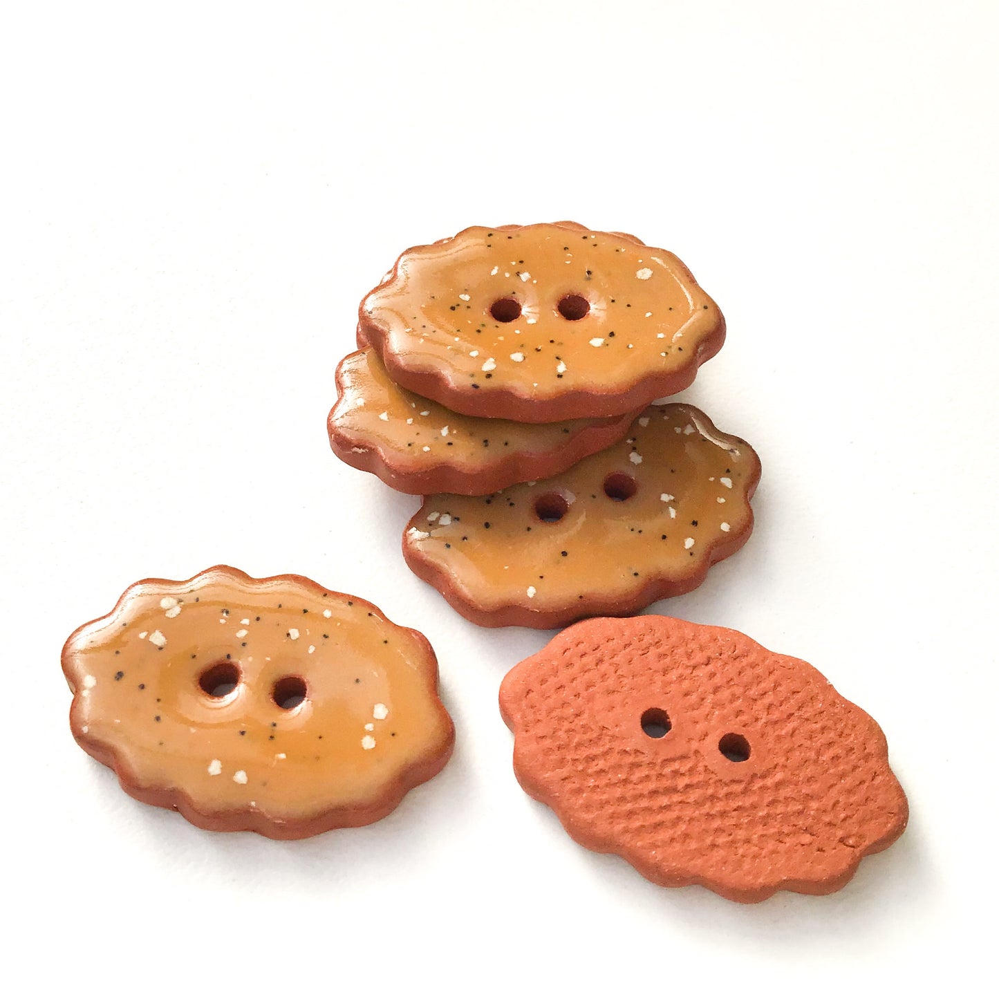 Speckled Brown Ceramic Buttons with Scalloped Edge - Terracotta Clay - 3/4" x 1" - 6 Pack