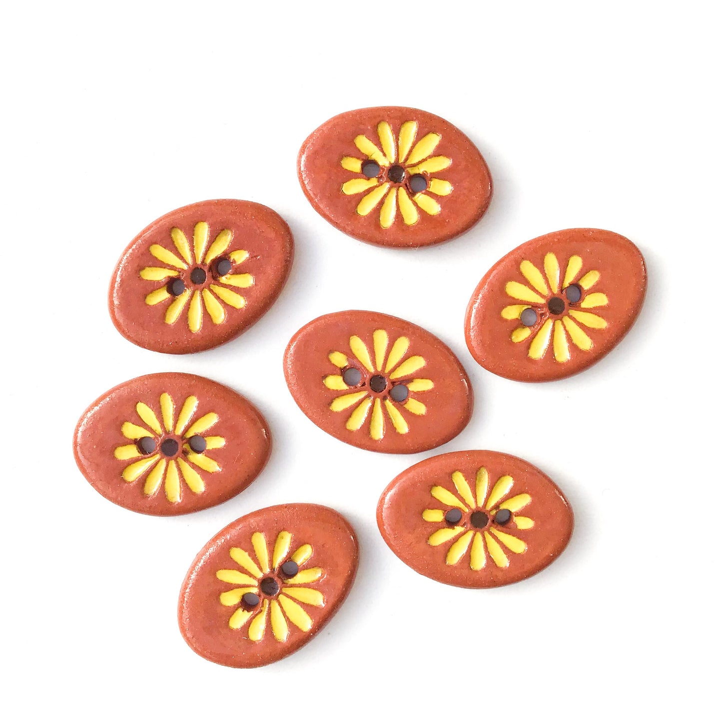 Yellow Daisy Button on Red Clay - Ceramic Flower Buttons - 5/8" x 7/8" - 7 Pack (ws-280)