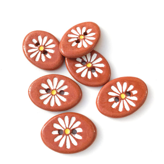 White Daisy Button on Red Clay  5/8" x 7/8"