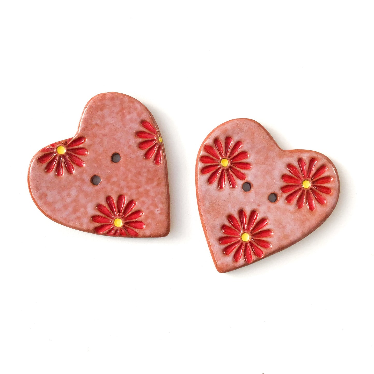 Decorative Heart Buttons - Ceramic Heart Button - Red Daisies - 1 3/8"