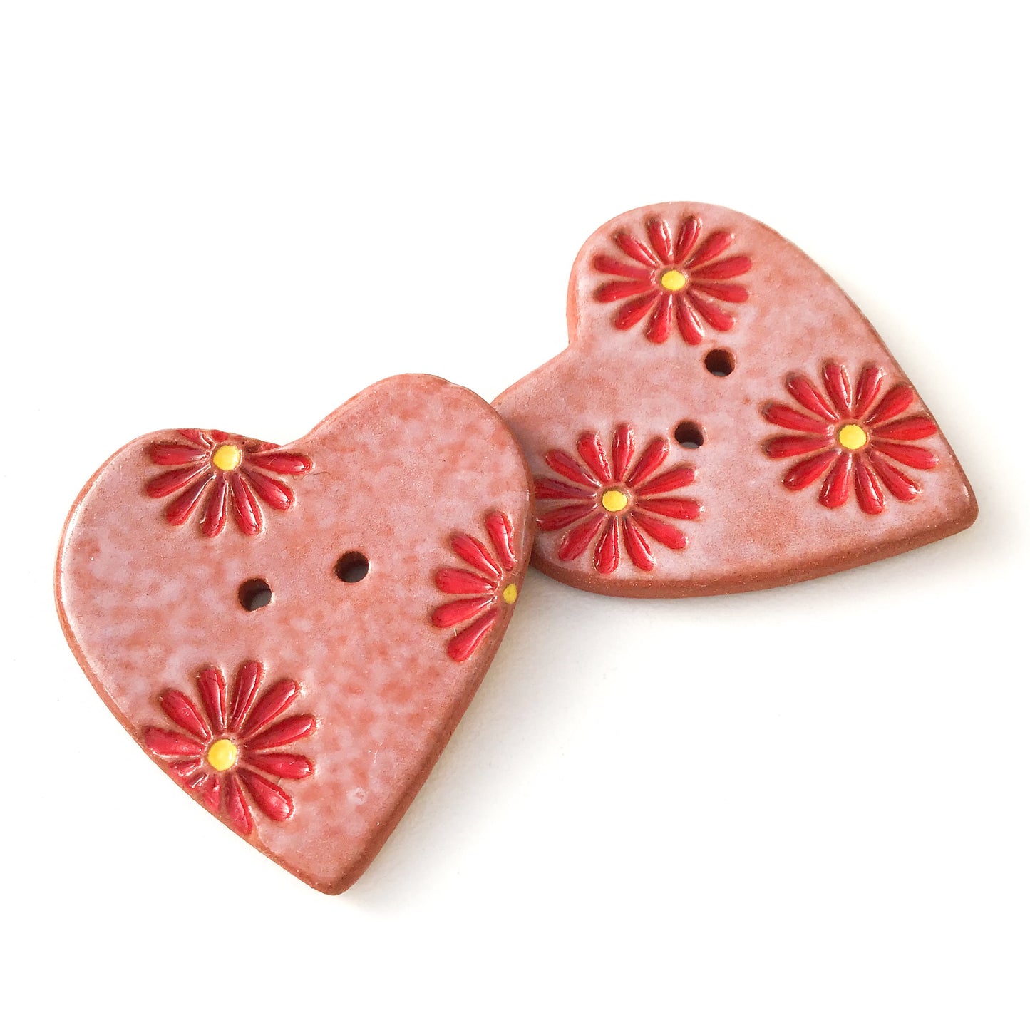 Decorative Heart Buttons - Ceramic Heart Button - Red Daisies - 1 3/8"
