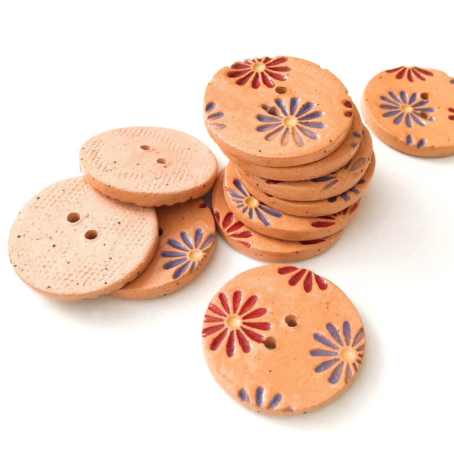 Purple & Burgundy Daisy Buttons on Brown Clay - 1 1/16"