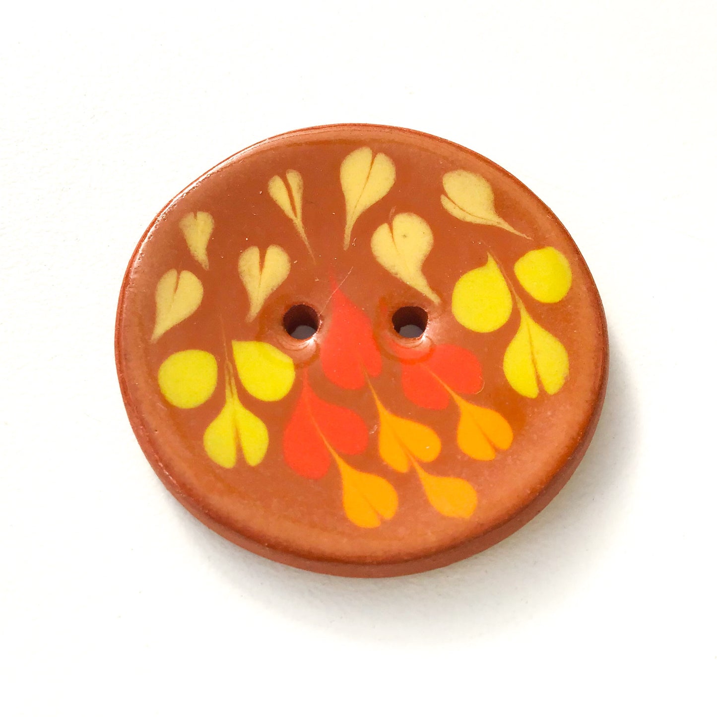 Color Drag Ceramic Button in Brown, Chartreuse & Red Tones - Decorative Ceramic Button - 1 3/8"