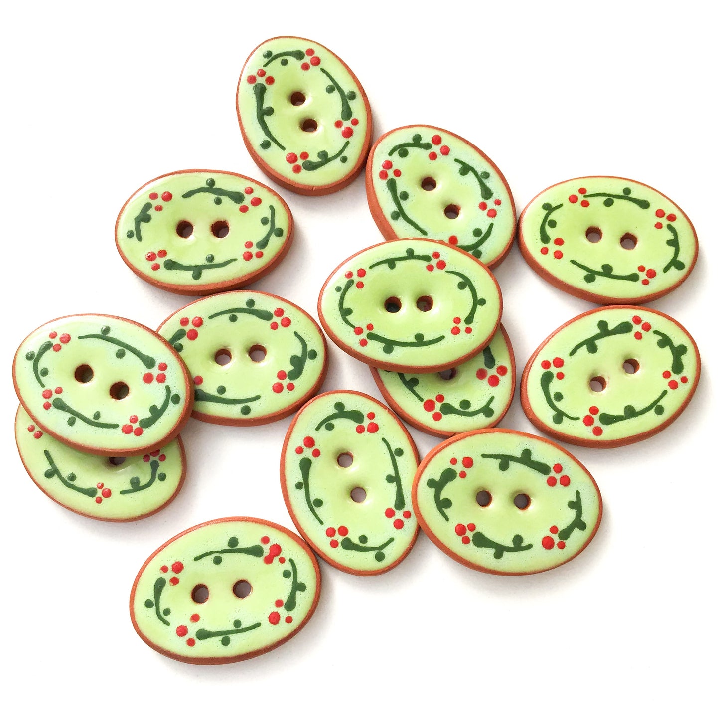 Green Ceramic Buttons with Small Red Flowers  3/4" x 1-1/16"