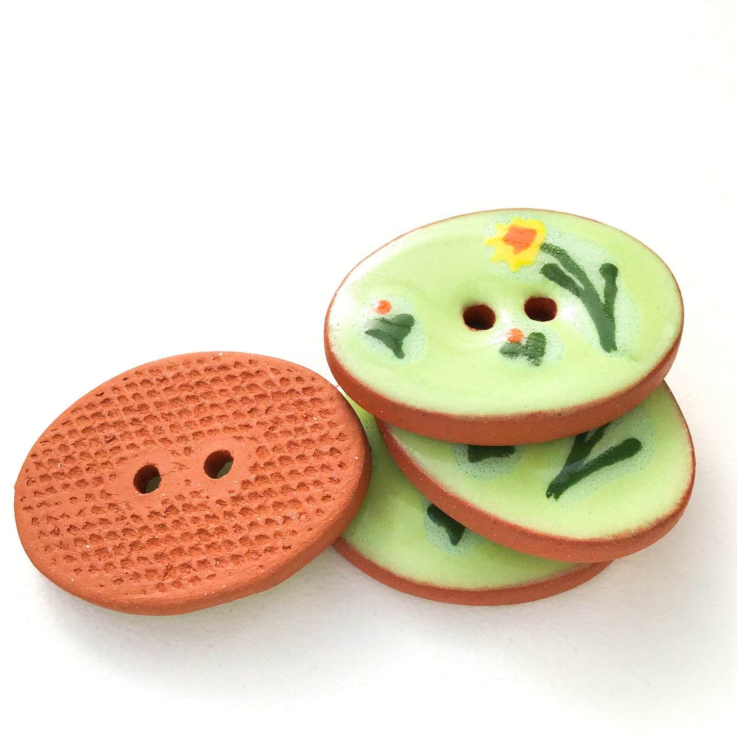 Green Ceramic Spring Flowers Buttons - Oval Clay Buttons - 3/4" x 1 1/16"