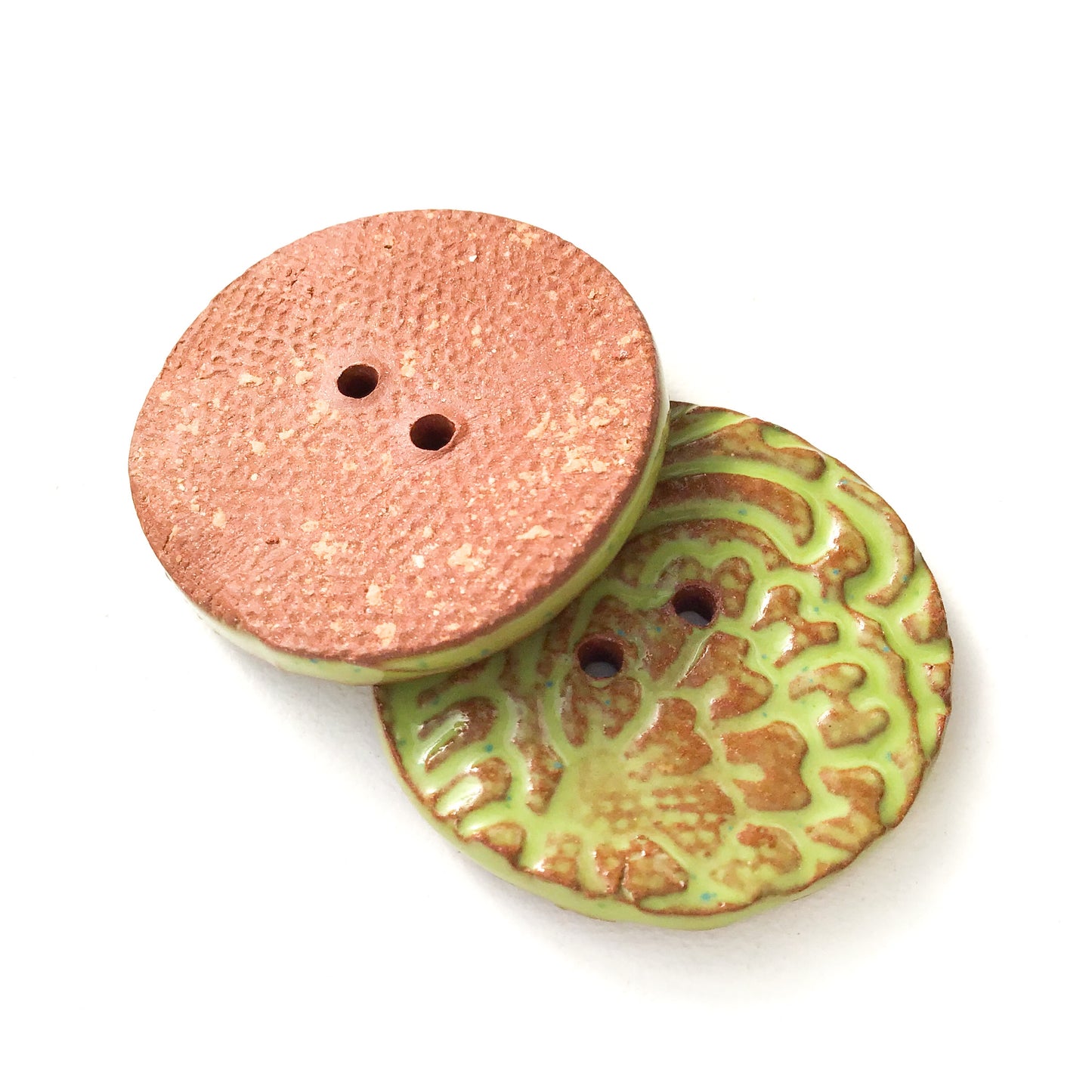 Hand Stamped Speckled Green Ceramic Buttons on Red Clay - 1 1/8" - 2 Pack