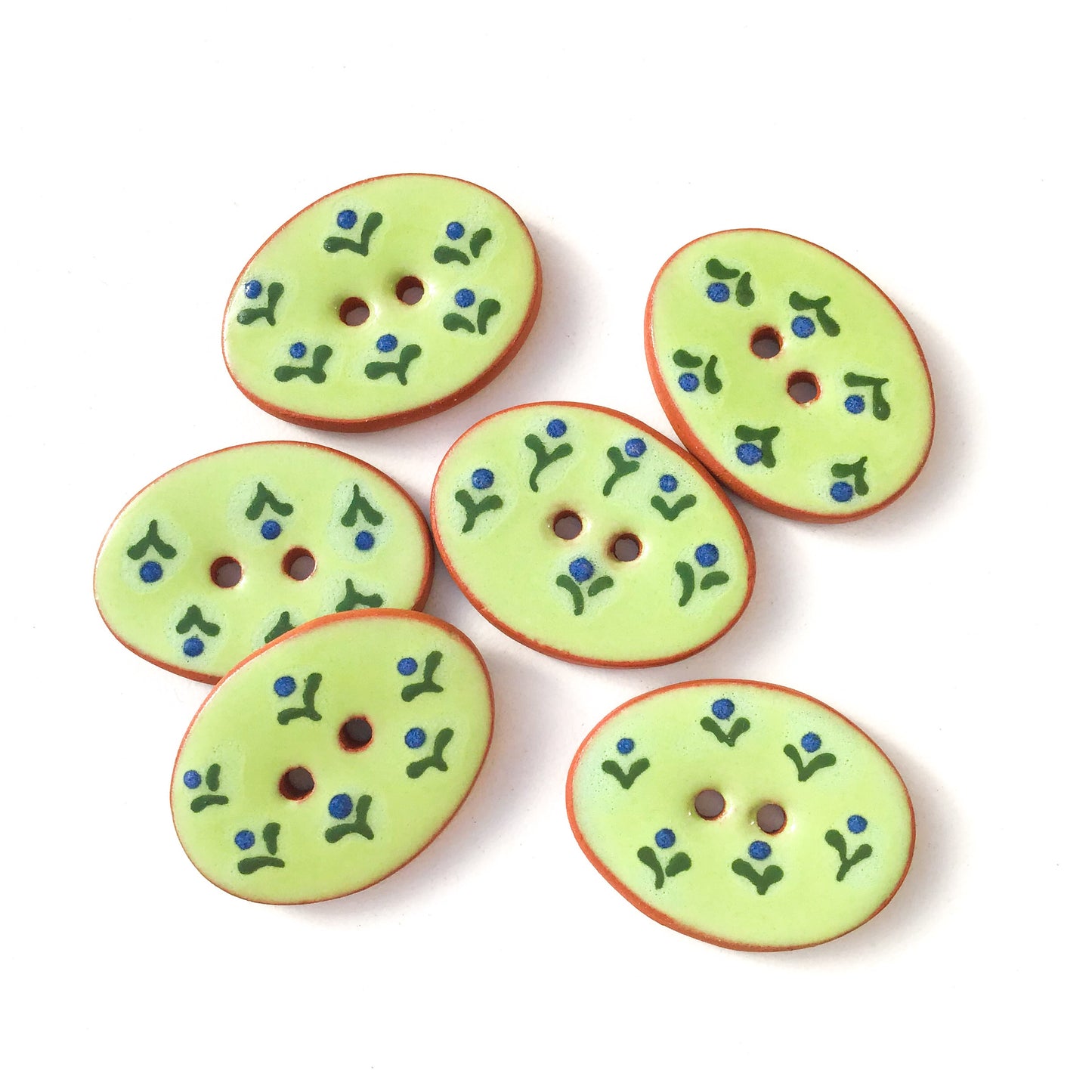 Green Ceramic Buttons with Small Blue Flowers - Oval Clay Buttons - 3/4" x 1 1/16" - 6 Pack (ws-95)