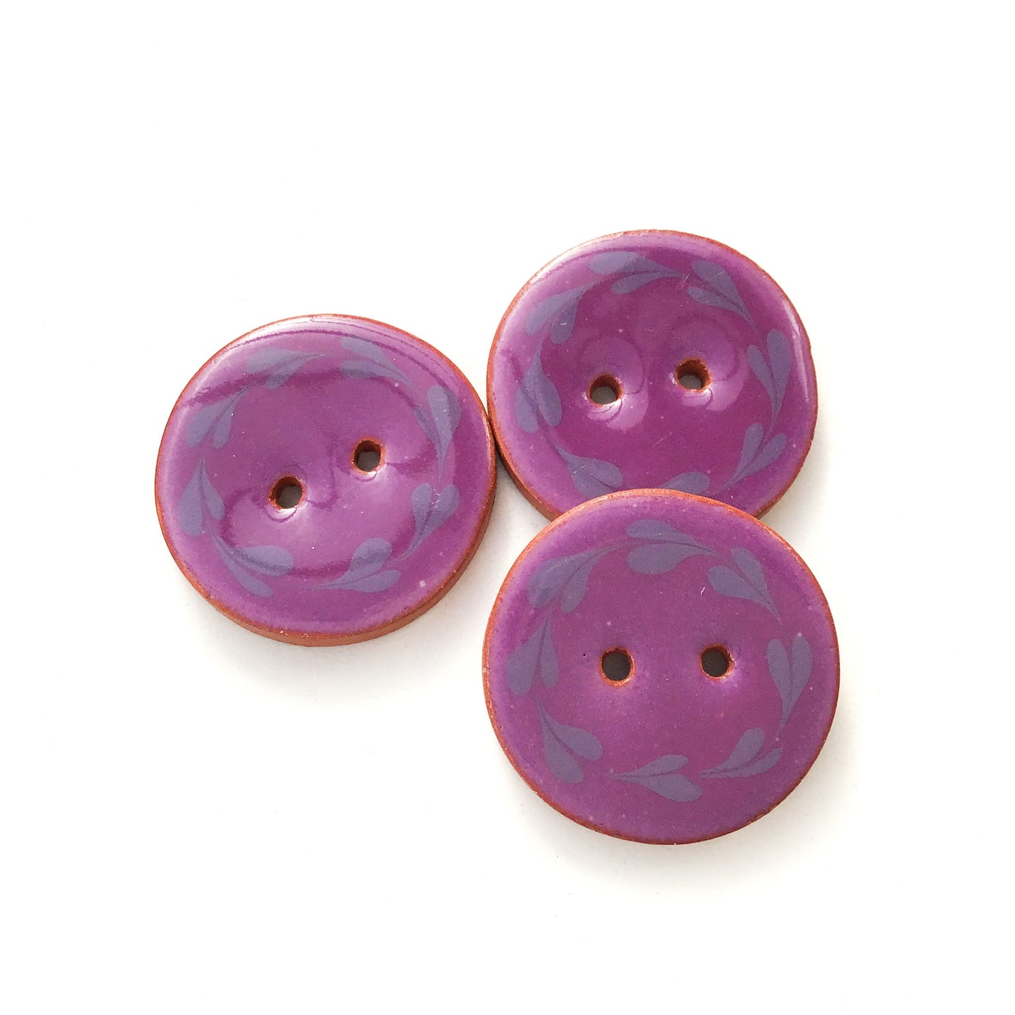 Purple Floral Wreath Ceramic Buttons on Terracotta Clay - 1 1/16" - 3 Pack