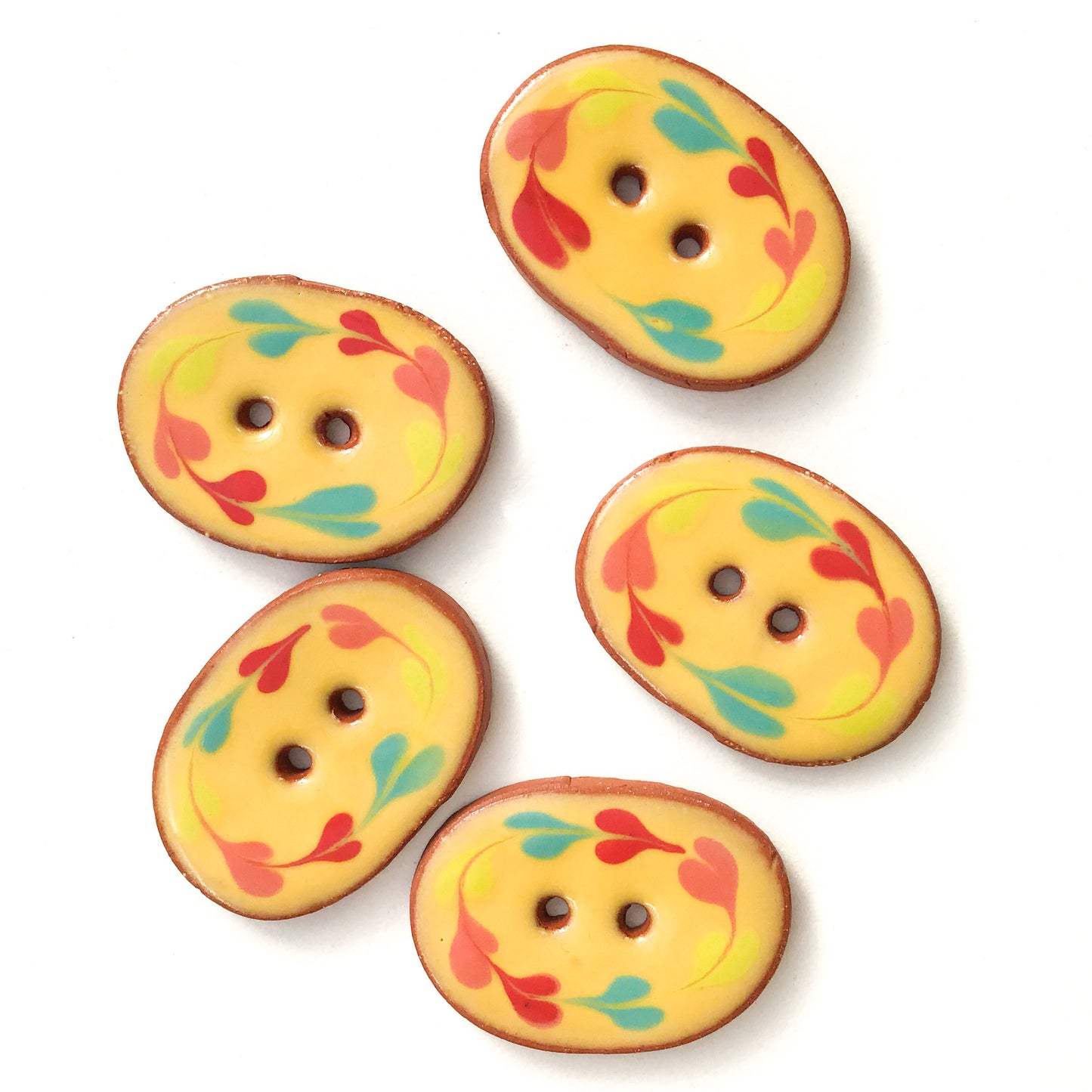 Yellow Ceramic Buttons with Rainbow Wreath - Oval Clay Buttons - 7/8" x 1 1/4"