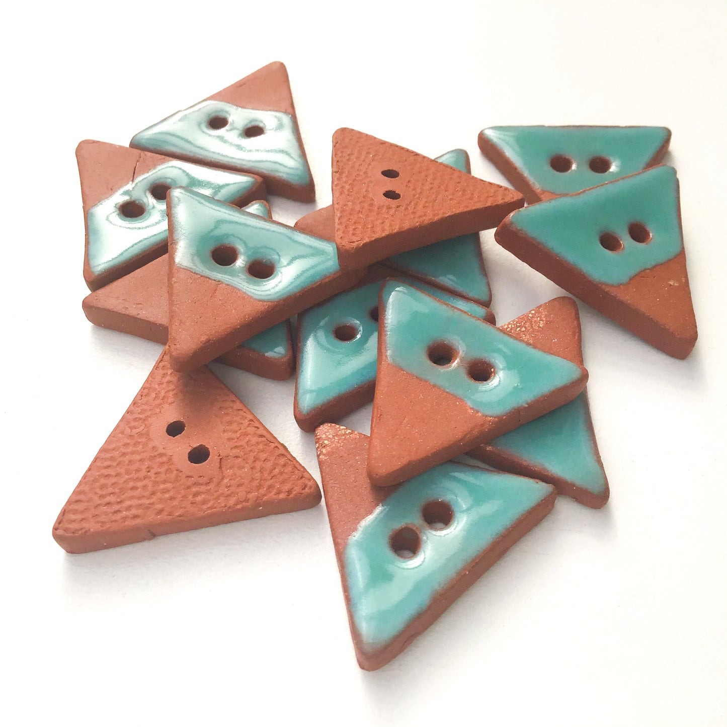 Triangular Ceramic Buttons - Turquoise on Red Clay Buttons - 7/8" x 1" (ws-245)