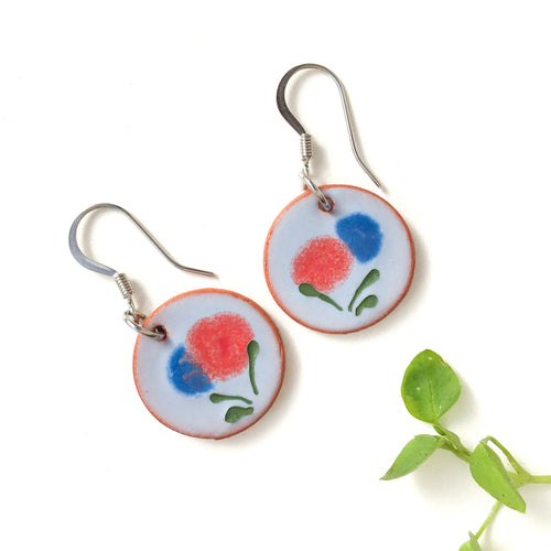 Blooming Red & Blue Flower Earrings on Red Clay