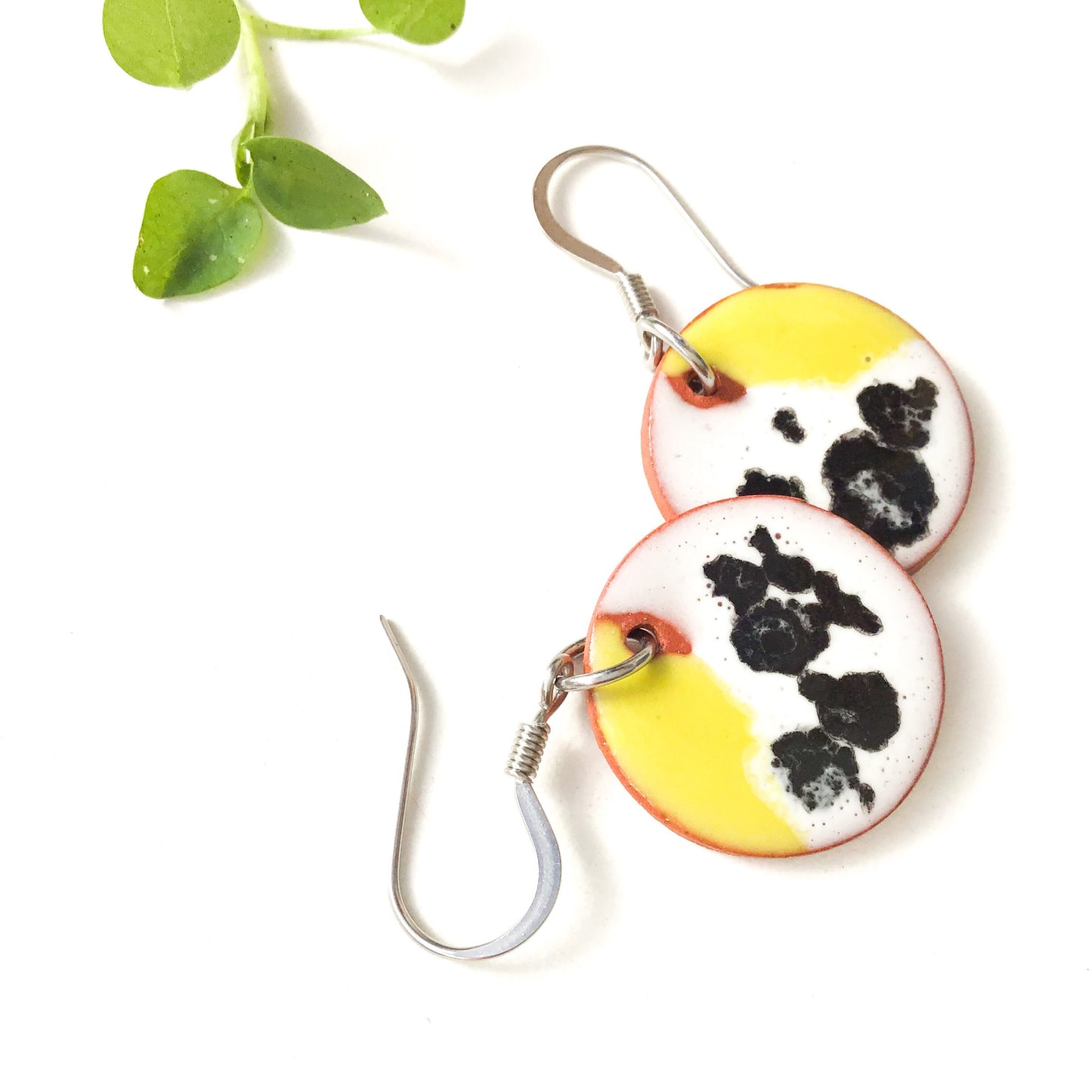 Color Contrast Earrings on Red Clay - Chartreuse + Black & White Ceramic Earrings