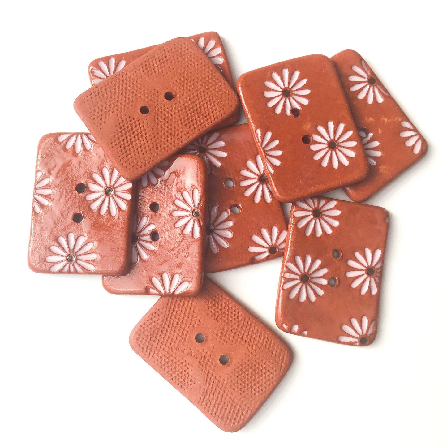 Hand Stamped Daisy Button on Red Clay - Light Pink Flower Buttons - 1 1/16" x 1 7/16"(ws-98)