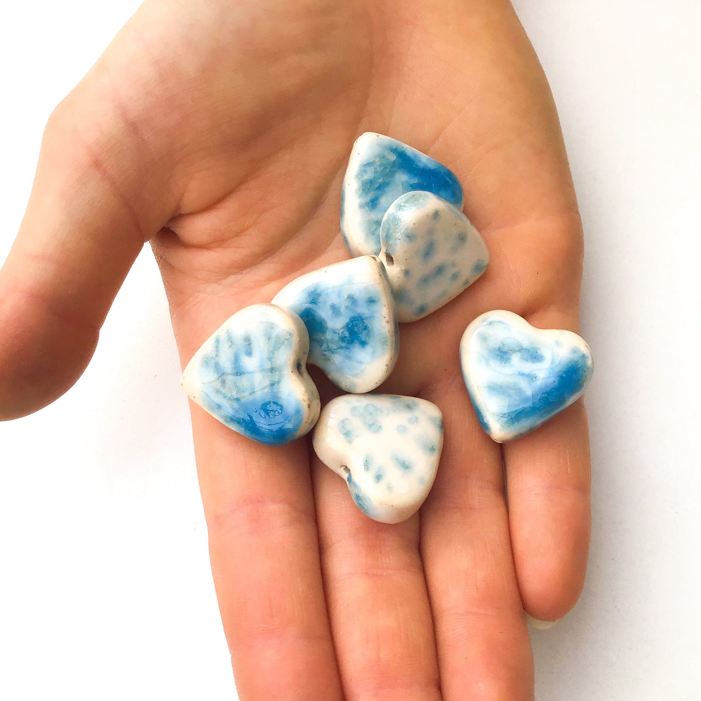 Speckled Blue & White Ceramic Heart Beads - Handmade Clay Beads