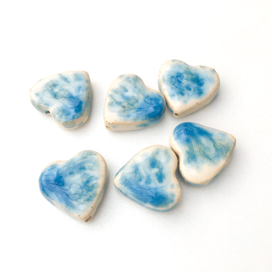 Speckled Blue & White Ceramic Heart Beads - Handmade Clay Beads