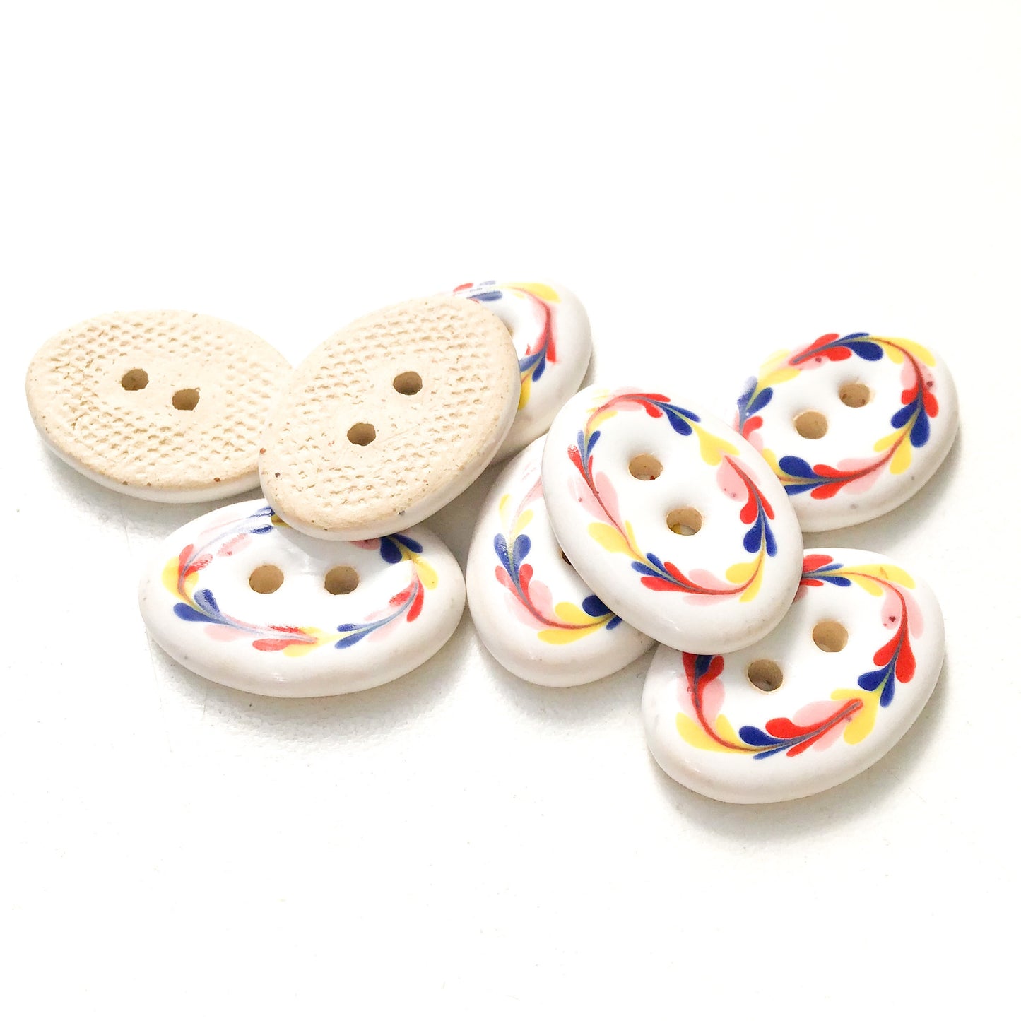 White Ceramic Buttons with Colorful Floral Wreath - Oval Clay Buttons - 5/8" x 7/8" - 8 Pack