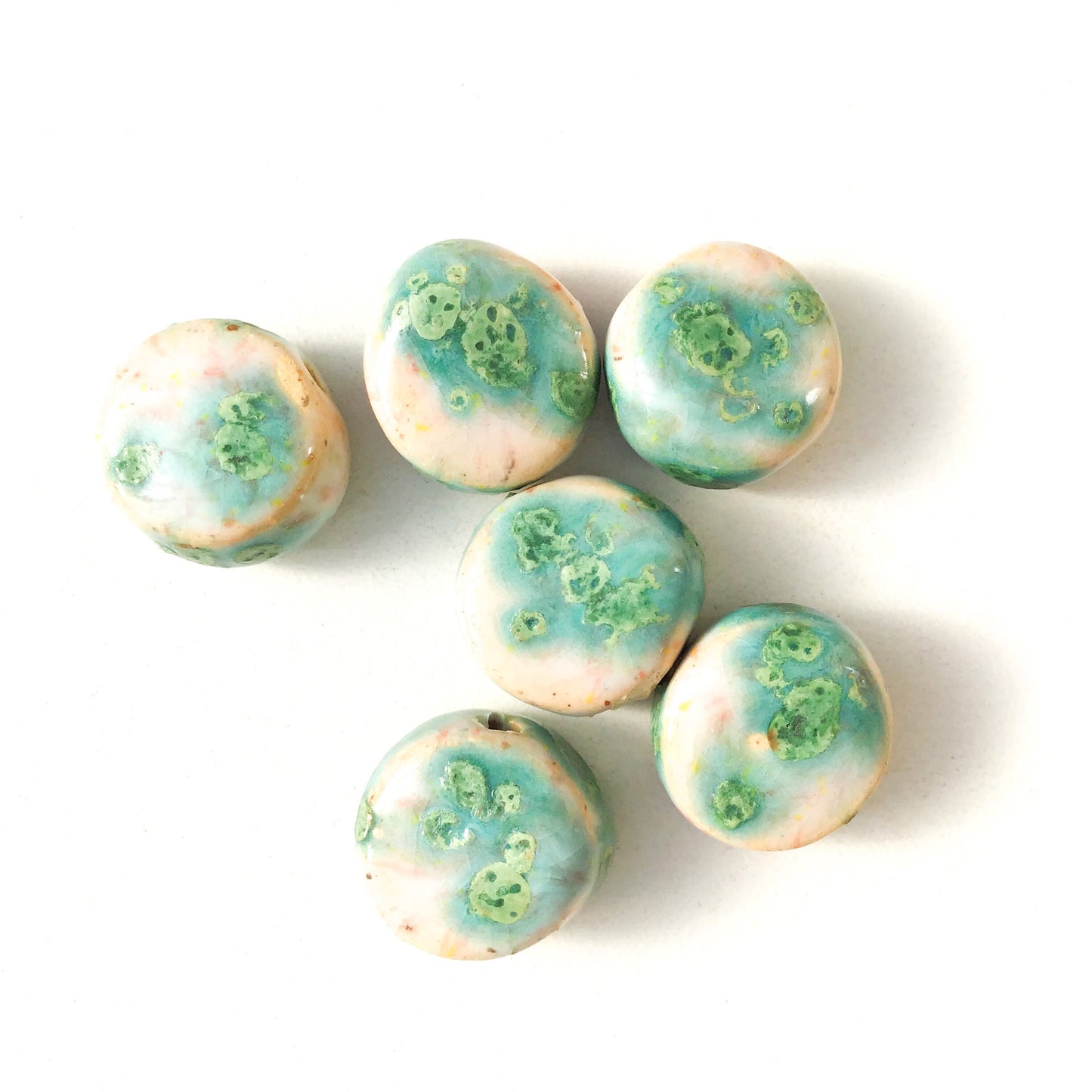 Round Handmade Clay Beads - Turquoise, White, and Ocean Blue Ceramic Beads - 9/16" x 1/4"