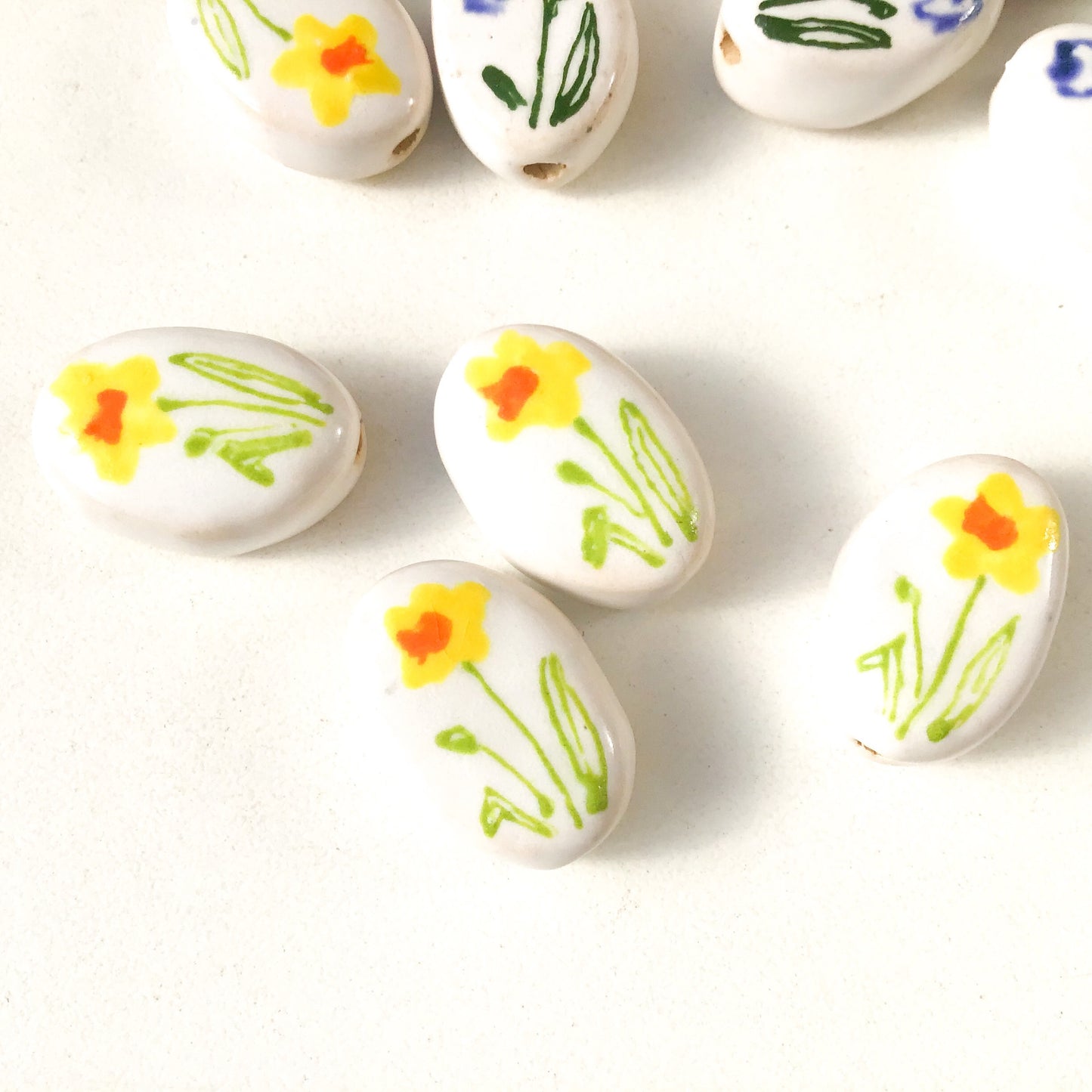 Oval Handmade Flower Beads - Ceramic Flower Beads - 13/16" x 1/2"