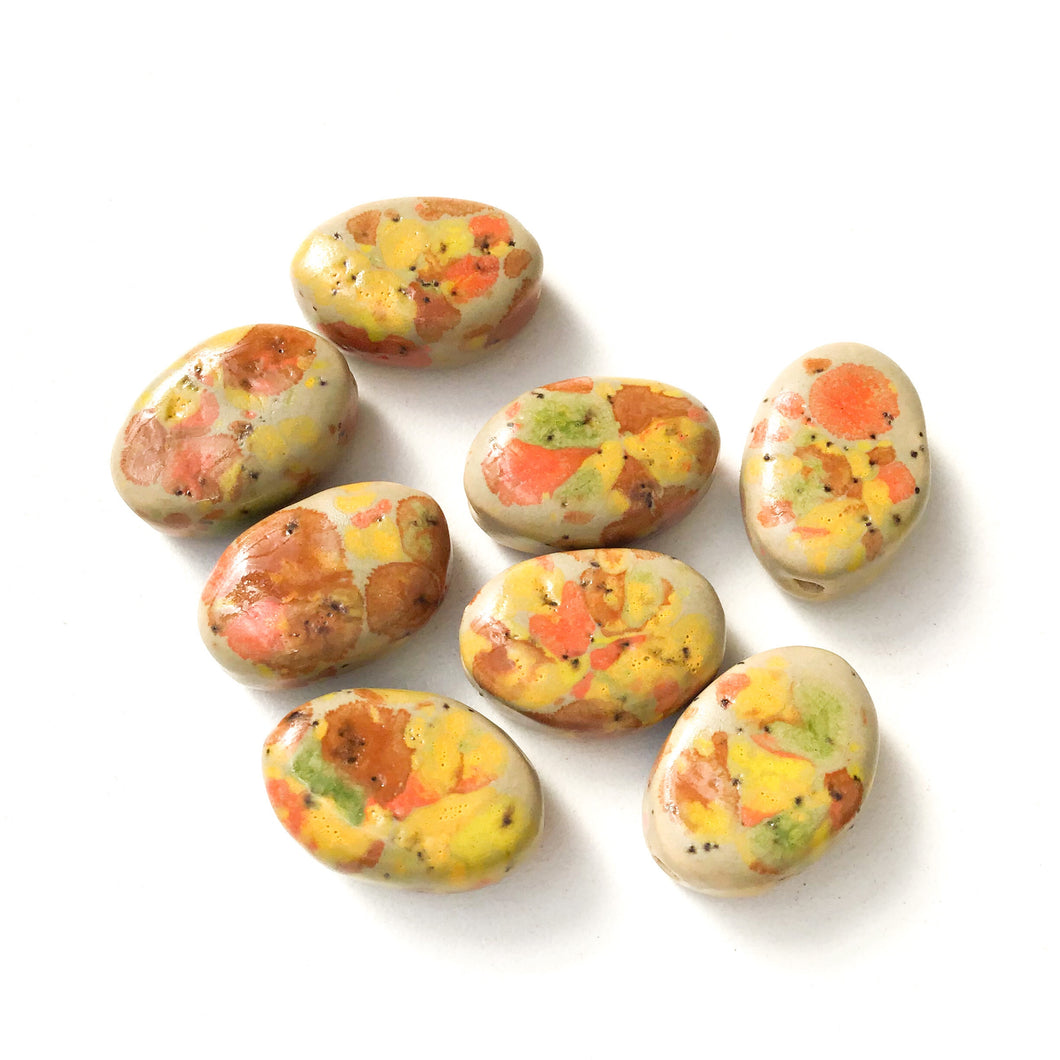 Oval Handmade Beads - Ceramic Beads in Sage Green, Orange, & Yellow - 13/16