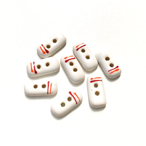 Rectangular White Ceramic Buttons with Orange + Red Lines - White Clay Buttons - 3/8