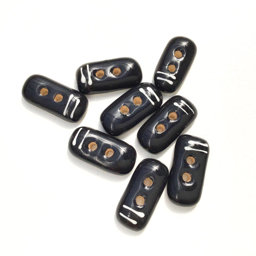 Rectangular Black Ceramic Buttons with White Lines - Black Clay Buttons - 3/8