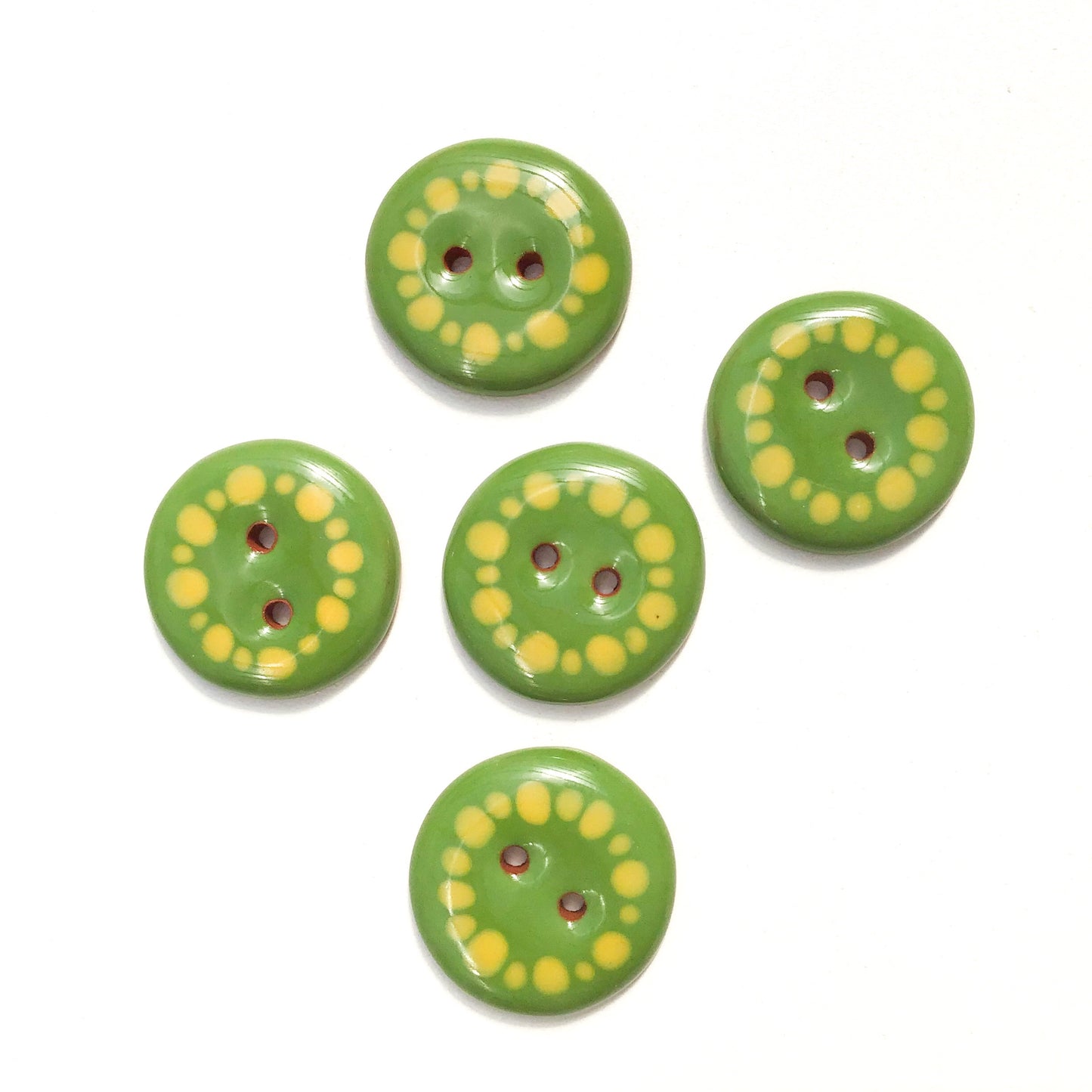 Green & Yellow Dotted Ceramic Buttons - Green Clay Buttons - 15/16" - 5 Pack